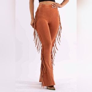 NWT Orange Mineral washed fringe flare leggings pants
